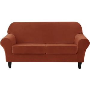 Stretch Sofa Slipcovers, Thick Velvet Sofa Covers for 2 Cushion Couch Soft Couch Cover Loveseat Sofa Covers Furniture Protector for Kids Pets (Medium, Burnt Orange)