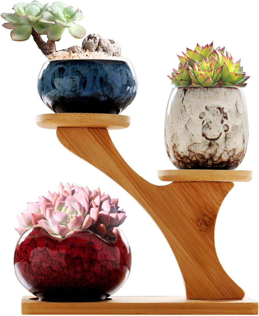 Simcat Ceramic Succulent Pots with Drainage Half, 3Pcs Cactus Planter Pots with 3 Tier Bamboo Saucers Stand Holder Drainage for Home Office Desktop Windowsill Décor (6)