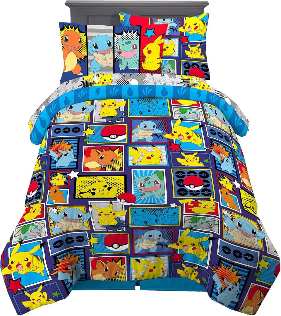Pokmon Pikachu Twin Size Bedding, Kids Bedding Super Soft Cozy Reversible Comforter and Sheet Set with Sham, 5 Piece Twin Size, (Officially Licensed Product) by Franco (Pokemon)