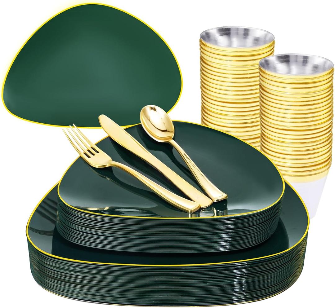 DaYammi 180Pcs Green Plastic Plates, Green Gold Disposable Plates with Gold Silverware Dinnerware Set Include: 30 Dinner Plate,30 Dessert Plate,90 Plastic Cutlery,30 Cups for Party Dinner Wedding