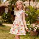 Girl's Summer Dresses Ruffle Sleeve Watercolor Flowers Sundress for Kids Casual Party (Pink)