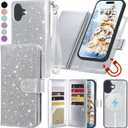 Varikke for iPhone 17 Wallet Case Compatible with Magsafe with RFID Blocking Card Holder for Women, Glitter Leather Wrist Strap Magnetic Flip Detachable Phone Case for iPhone 17 6.3", Silver