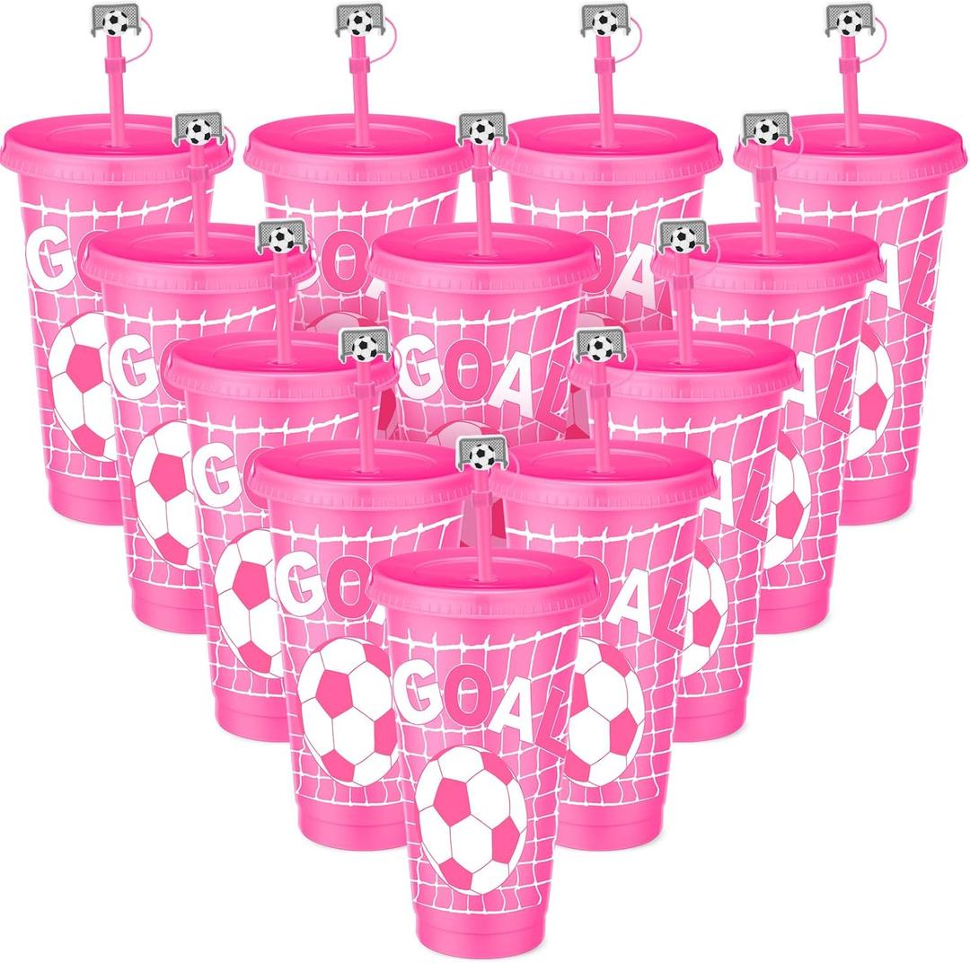 Domensi 12 Pcs Pink Soccer Plastic Tumbler with Lid and Straw 24oz Reusable Plastic Cups with Straw Cover Caps Soccer Party Favors Gifts for Fan Friend Guest Birthday Office Sport Party Supplies