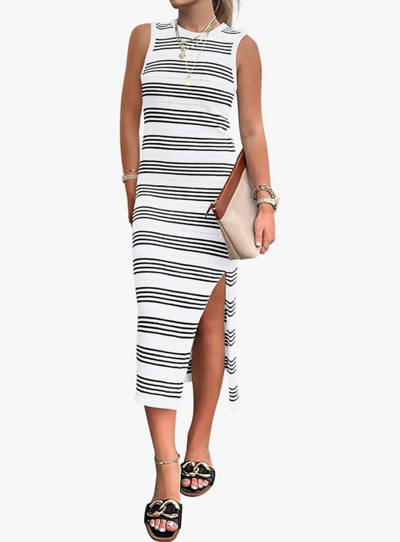 PRETTYGARDEN Summer Dresses for Women 2026 Casual Sleeveless Hollow Out Knit Side Slit Striped Beach Vacation Midi Dress M, White