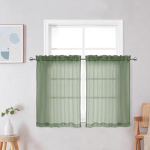 OWENIE Crushed Sage Tier Sheer Curtains for Small Window TreatmentTier Curtains 36 Inch Length 2 Panels Set, Short Sheer Curtain with Rod Pocket - Half Window Curtains for Kitchen, 42 Inches Wide