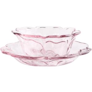 Light Pink Glass Desert Plate and Bowl Set, Appetiser Desert Plates Salad Bowl for Dinner, Tea Party, Weddings, Kitchen Pink