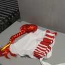 4 Pcs Halloween Fast Food Costume for Women Include Red Braided Wig Half Waist Apron Long Arm Warmer Striped Knee High Socks for Halloween Cosplay Party