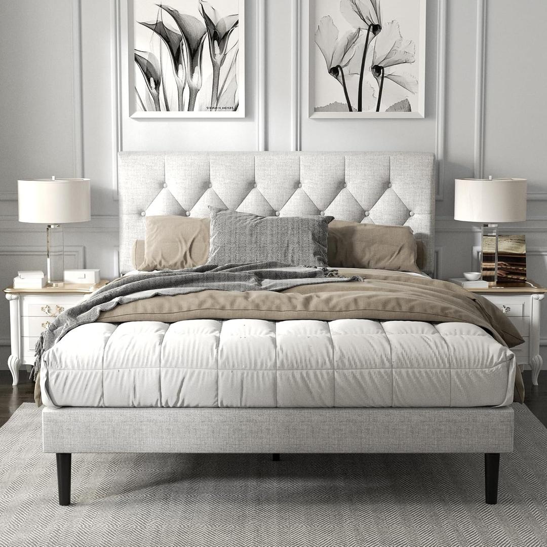 HAOARA Queen Size Platform Bed Frame with Upholstered Button Tufted Headboard, Mattress Foundation with Wooden Slat Support, Noise Free, No Box Spring Needed, Easy Assembly, Light Grey 