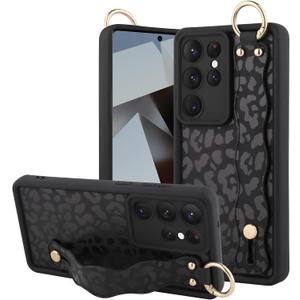 OOK Compatible with Samsung Galaxy S25 Ultra Leopard Case with Wrist Strap, Cute Black Leopard Cheetah Pattern, Soft TPU Bumper Shockproof Protection Slim Cover for Women Girls, for 6.9inch