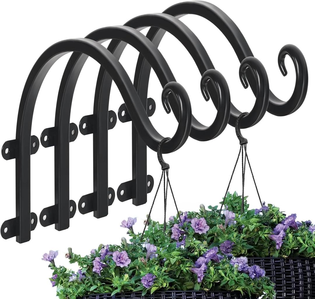 4 Pack 12Inch Plant Hanger, Sturdy Hanging Plant Bracket Hooks Outdoor, Bird Feeder Hanger for Bird Feeders, Planters, Lanterns, Wind Chimes Indoor Outdoor (Black)