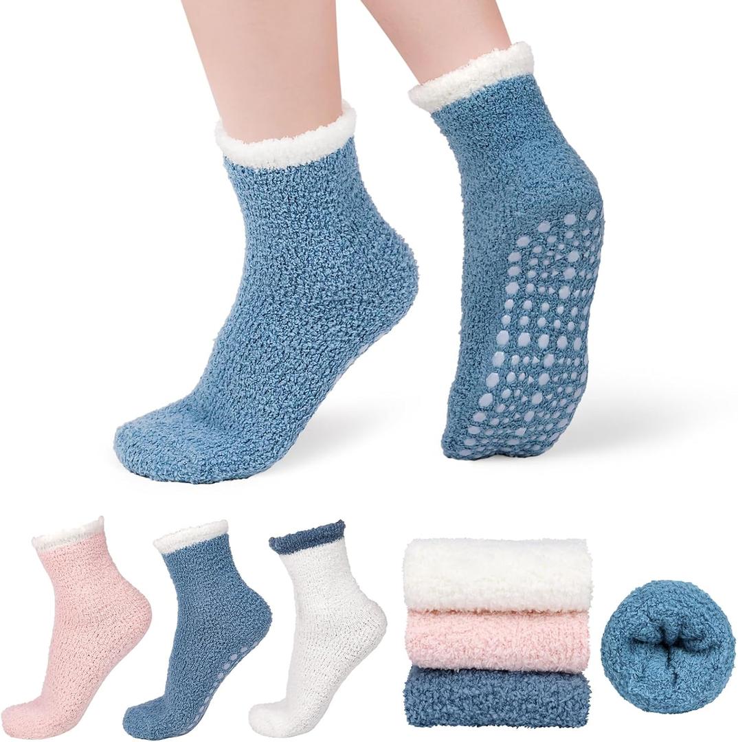 Fuzzy Socks with Grips for Women, Warm Plush Slipper Soft Socks for Winter Indoor Comfort, Cozy Gift (Pink & White & Blue)