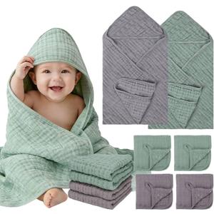 Flasoo 6 Pcs Muslin Hooded Baby Bath Towels Sets - 2 Pack 100% Cotton Baby Towel & 4 Pack Muslin Washclothes- 32x32Inch Baby Towels Cotton for Babies, Infants, Toddlers, 100% Cotton, Bath Essentials