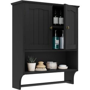 Smuxee Black Bathroom Cabinet Wall Mounted with Towels Bar, Medicine Cabinet with 2 Door Adjustable Shelves, Over Toilet Cabinet for Bathroom Laundry Room Kitchen