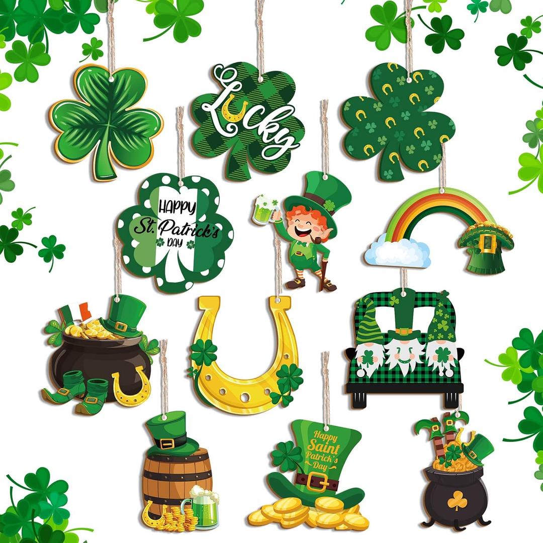 Yulejo St. Patricks Day Decorations Wooden Shamrock Ornaments Good Luck Clover Hanging Ornament Craft for Tree Shamrock 12 Styles Irish Saint Patricks Day Tree Hanging Decorations(24 Pieces)