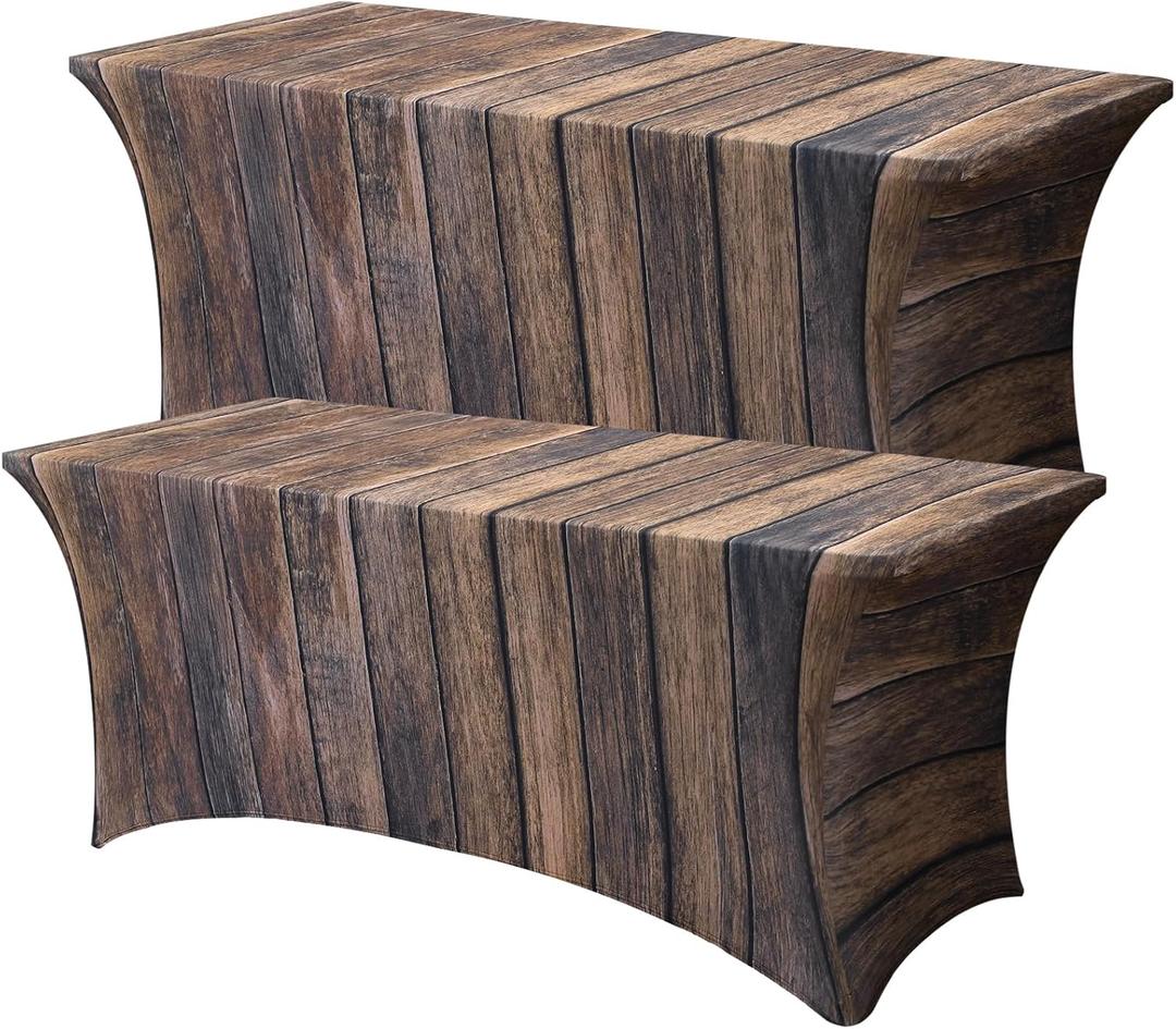 Mindsoft 2 Pack 6ft Rectangular Spandex Tablecloth Wood Grain Tablecloth, Fitted & Wrinkle Resistant, Washable Table Cover for Wedding, Circus Carnival Event Decorations, 72" X 30"
