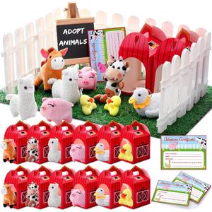 84 Pcs Adopt a Pet Party Supplies 24 Mini Animals 10 White Plastic Fence 24 Paper Gift Boxes 24 Adoption Cards with Mini Chalkboard and Artificial Lawn(Farm Animals)