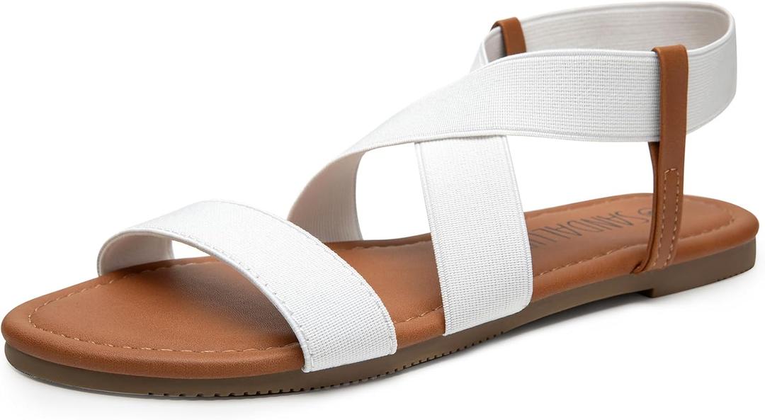 SANDALUP Elastic Ankle Strap Flat Sandals for Women (9, White)