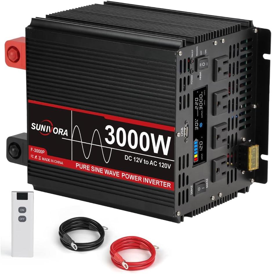 3000 Watt Pure Sine Wave Power Inverter with LCD 12V DC to 110V/120V AC Peak Power 6000W Car Power Inverter with 4 AC Outlets & 1 USB Port & Remote Control for Truck RV Car Solar System
