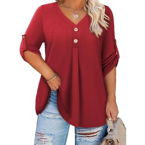 Siddhe Womens Plus Size Tops Button 3/4 Sleeve V Neck Blouses Dressy Casual Tunic Tops for Curvy Women Loose Fit XL-5XL (Red)