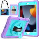 LTROP Case for iPad 9th/ 8th/ 7th Generation (2021/2020/2019), Shockproof 10.2 iPad Cover with Shoulder Strap Pen Holder Swivel Stand, Cyan/Purple