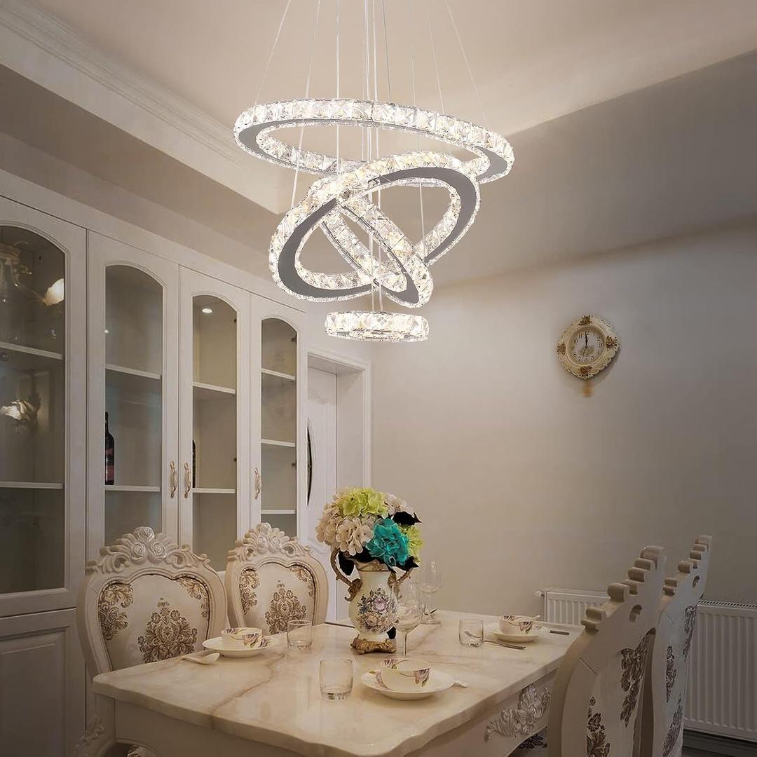 Crystal Chandeliers Modern LED Rings Pendant Light Adjustable Stainless Steel Ceiling Light Fixture for Living Room Dining Room Bedroom(Multicolor,Non-dimmable or Fix Color)