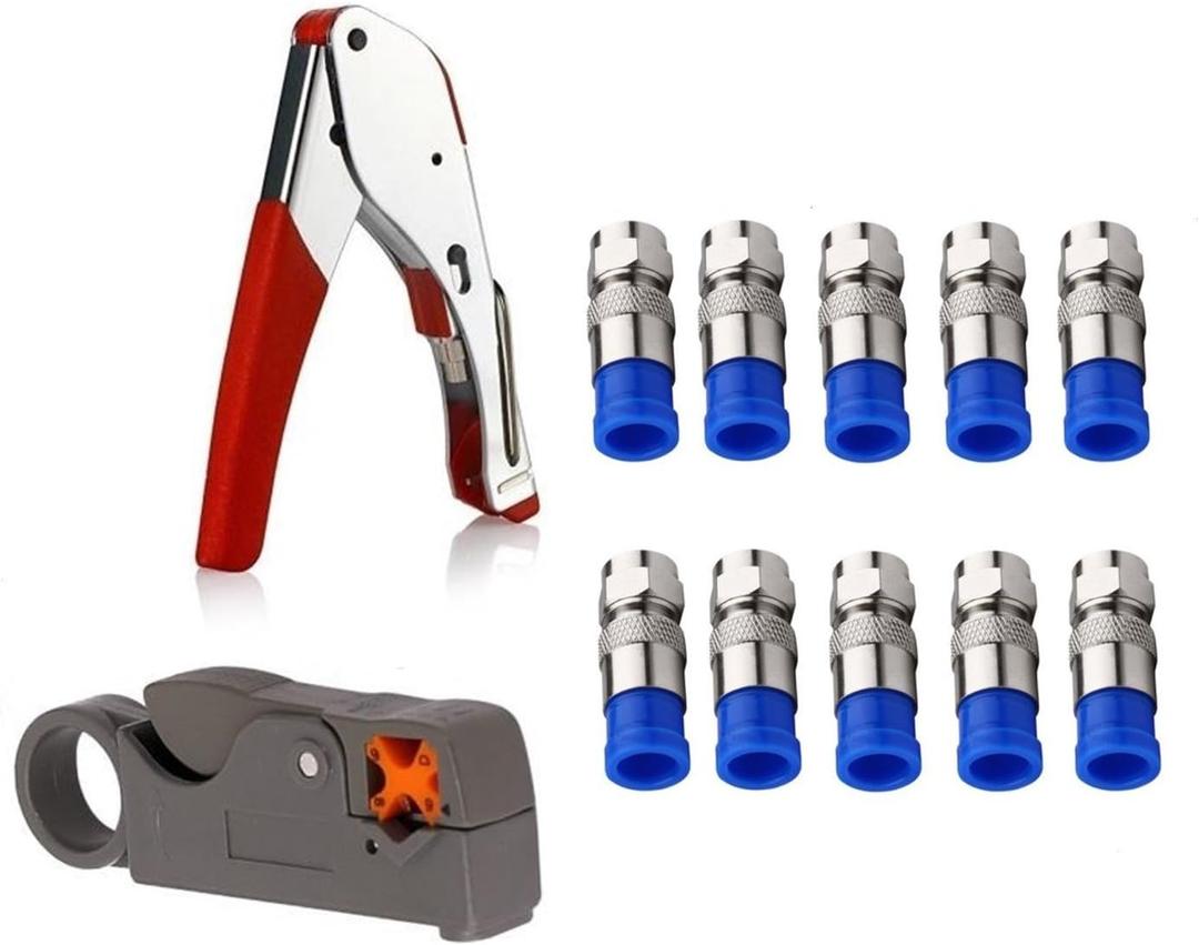 Coax Cable Crimper Tool Kit, rg6 rg59 Coaxial Compression Tool, Wire Stripper, 10pcs RG6 F Connectors