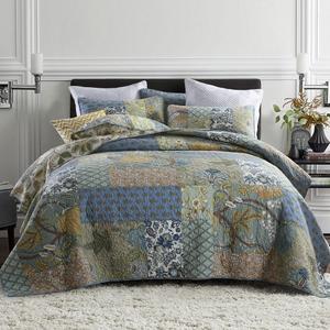 ENASAL Cotton Bedspread Quilt Sets Reversible Bedding Coverlet Sets Comforter, Patchwork Vintage Floral Paisley Farmhouse Pastoral Turquoise Bedspread, Queen Size
