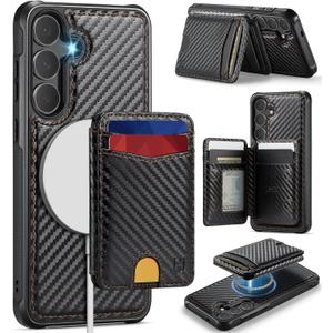for Samsung Galaxy S25 Case Wallet Compatible with Magsafe, RFID Blocking Magnetic Card Holder 2 in 1 Detachable Kickstand Shockproof Phone Case for Galaxy S25 6.2" Carbon Black
