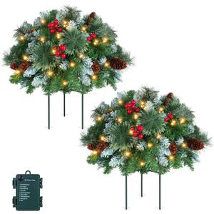 HMASYO 2 Pack Pre-Lit Artificial Christmas Tree Urn Filler, Lighted Christmas Flocked Pine Trees Planter Filler with 50 LED Lights, Weatherproof Sparkle for Entryways, Patios Outdoor Christmas Decor