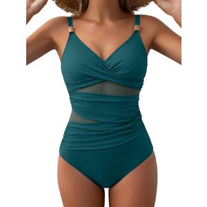 Women's Mesh One Piece Swimsuits Tummy Control V Neck Bathing Suit Sexy Push Up Swim Suit Slimming Swimwear (Medium, Teal Green)