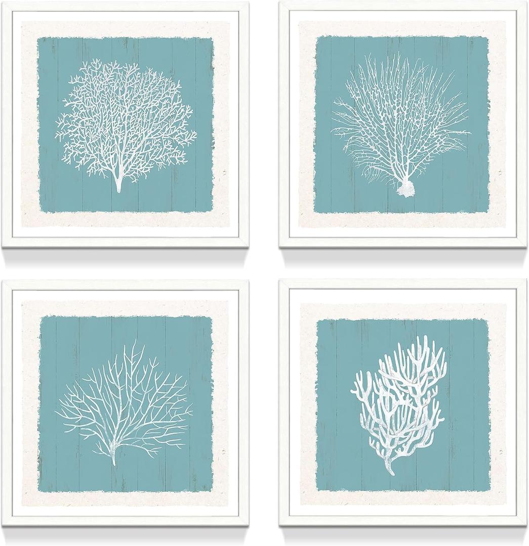 Ocean Sealife Coral Wall Art: Framed Sea Life Picture Print Watercolor Seaweed Artwork Home Office Wall Decor for Bedroom Living Room Bathroom 16x16x4pcs