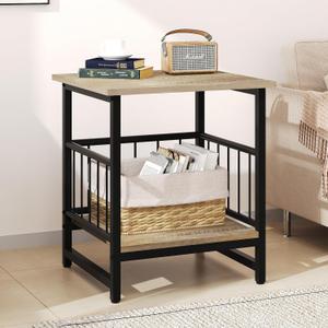 EazeHome 18" Square End Table with Storage Shelf, 2 Tier Rustic Side Table Nightstand for Living Room, Bedroom, Wooden Tabletop with Metal Frame, Gray