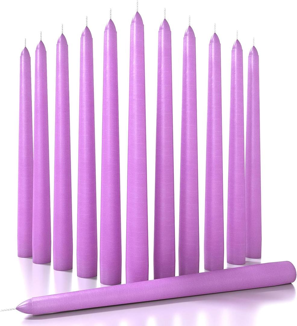 CANDWAX 10 inch Taper Lilac Candles Set of 12 - Unscented Smokeless Dripless Tall Candlesticks - Perfect for Special Occasions, Ordinary Dinners, for Mother's Day - Lavender Candle Sticks