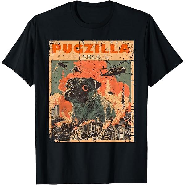Pug Lover Clothes Pugs Clothing Japan Movie Poster Pugzilla Tee Design for Pug Owner Retro Vintage Apparel Pugs TShirt UnisexAdults, UnisexKids Black Short Sleeve TShirt Size S