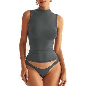 Women Sleeveless Mock Turtle Neck Tops Double Lined Fitted Tank Tops Basic T Shirts 2025 (X-Small, Grey)