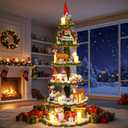 Christmas Huge 6.3ft Village Display Xmas Tree Display Stand with Snow Blanket Garland String Light DIY Wooden Xmas Tree Stand Shelves for Holiday Christmas Decoration(Green Garland)