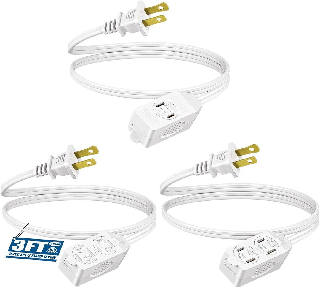 DEWENWILS 3 Foot Extension Cord, 16 AWG SPT-2 Power Cable for Indoor Use, 2 Prong Outlets Plugs for Christmas Decor and Lights, NEMA 5-15P to NEMA 5-15R, White, ETL Listed, 3 Pack