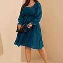 RWJ Womens Plus Size Fall Dress Long Sleeve Smocked Square Neck A-Line Wedding Guest Party Mini Dresses with Belt Blue L (Blue, L)