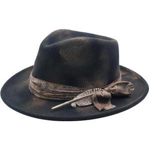 Yosang Womens & Mens Fedora Hats Vintage Wide Brim Felt Panama Rancher Hat (One Size, Black)