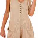 AlvaQ Womens Short Jumpsuits Solid Color Summer Casual Waffle Button Front Sleeveless Rompers with Pockets (X-Large)