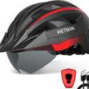 VICTGOAL Bike Helmet with USB Rechargeable Rear Light Detachable Magnetic Goggles Removable Sun Visor Mountain & Road Bicycle Helmets for Men Women Adult Cycling Helmets (XL: 59-63 cm, Black Red)