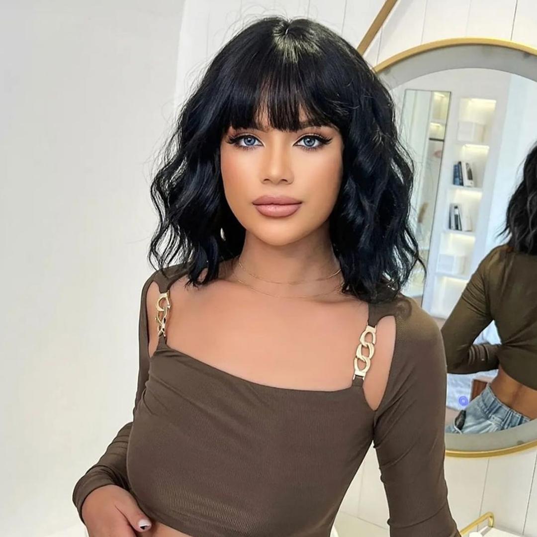 Black Wig with Bangs Short Wavy Wigs for Women Black Curly Shoulder Length Bob Wig Synthetic fiber Wigs for Daily Party Use14 Inch