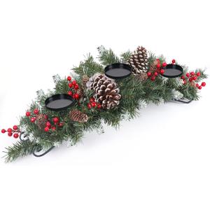 30" Christmas Table Centerpiece with 3 Candle Holders, Artificial Tabletop Xmas Decorations - Red Berries, Pine Cones and Steel Base Included, Christmas Centerpiece for Fireplace