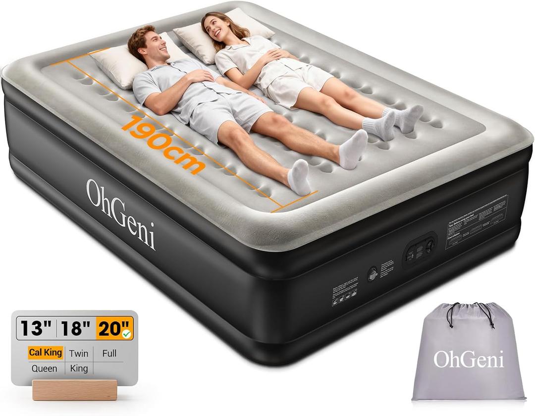 OhGeni 20" Raised Cal King Air Mattress with Built in Pump, Keep Feet from Dangling, Extra Length Blow up Mattress, Back-Friendly Airbed for Guests, Luxury Comfort for People(190CM Height), 700lbs