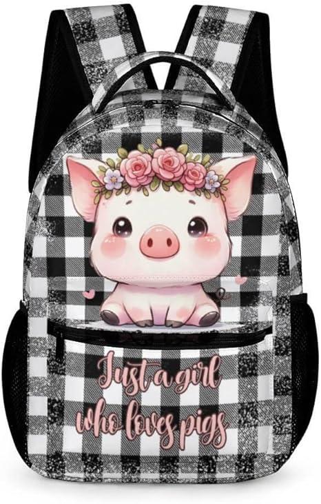 Pig Backpack for Kids Girls Boys School, 16 Inches Cute Pig Theme Bookbag, Adjustable, Lightweight, Large Capacity, Colorful Backpack for School