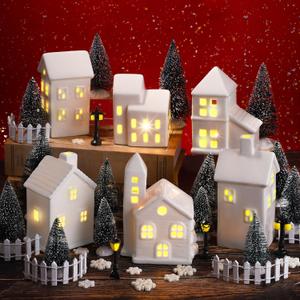 Fovths 39 Pieces LED Lighted Ceramic Winter Village Building Figurines and Accessories Desktop Ornament Set for Holiday Party Decor