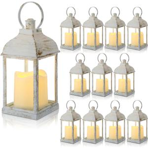 12 Set 10 Inch White Decorative Candle Lanterns Bulk Lanterns Centerpiece with LED Flameless Candle Indoor Outdoor Battery Powered Hanging Lights for Wedding Mother Day Party Decoration