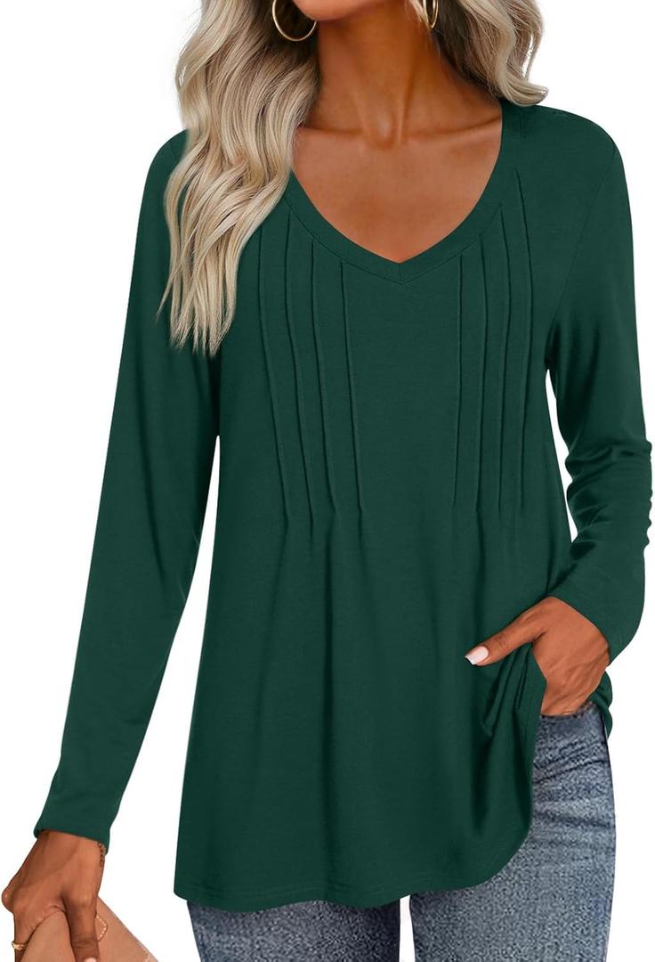 HOTGIFT 2026 Womens Tops Long Sleeve Shirts Casual Fall Winter Tunics Pleated V Neck Fashion (X-Large, Blackish Green)