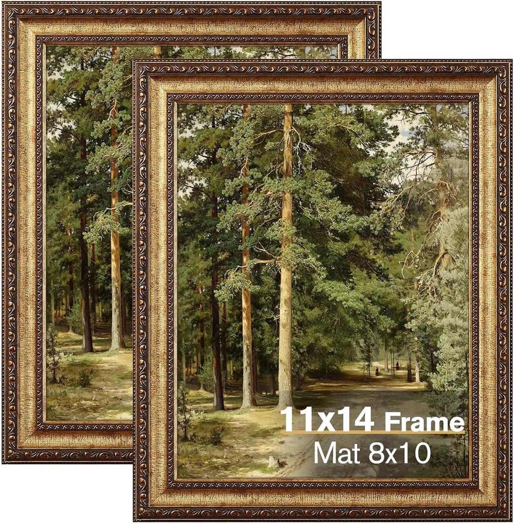 11x14 Gold Picture Frame, 2 Pack Ornate Vintage Picture Frames for Wall or Tabletop Display, 11 x 14 Photo Frame Gold with Real Glass, Display Poster 8x10 with Mat or 11x14 without Mat for Antique Dco