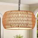 Boho Chandeliers for Dining Room,Rattan Chandeliers with Fabric Shade,Farmhouse Dining Room Light Fixtures,Kitchen Island Lighting 5-Lights Hand Woven Drum Chandelier,18 in,UL Listed